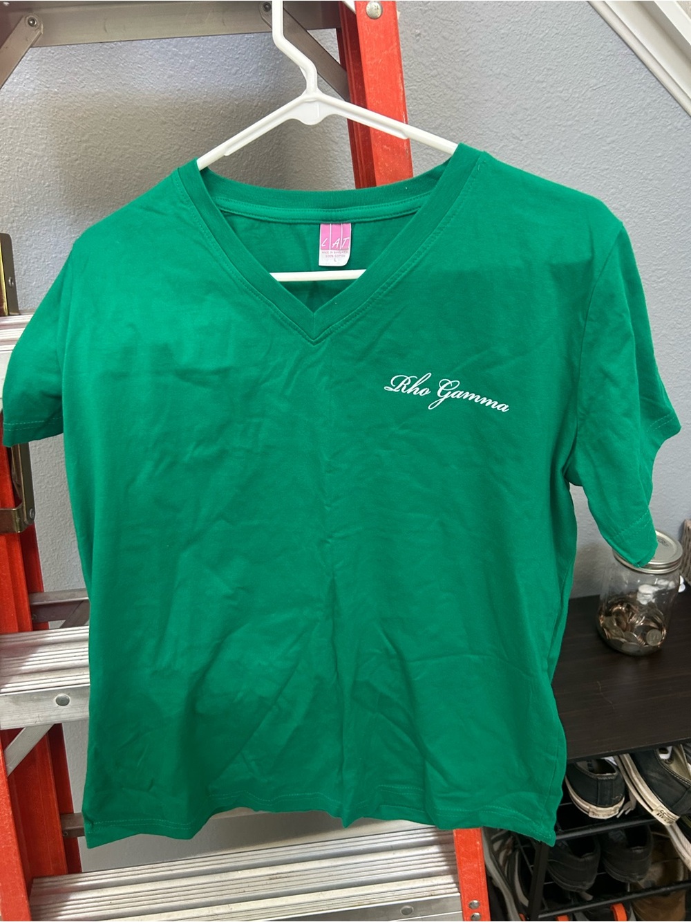 Vintage Greek Life Green V-Neck Tee with "Rho Gamma" Embroidery